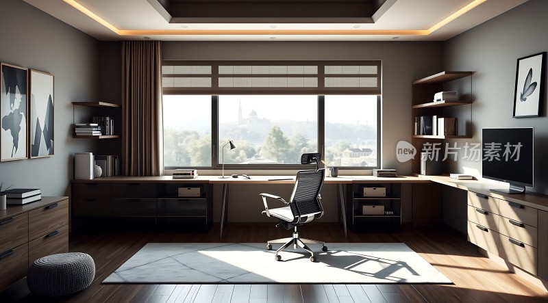 现代简约书房阳光洒落宁静而高效的工作空间 <|user|>