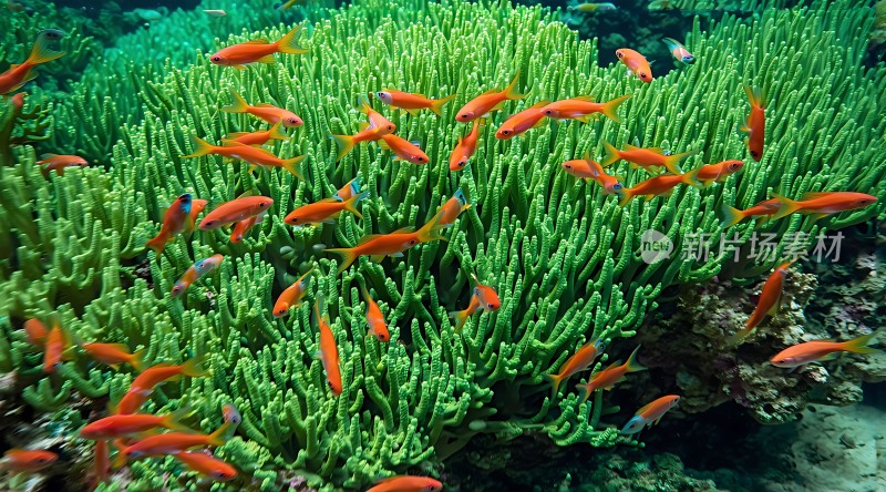 珊瑚丛中游动的火红小鱼