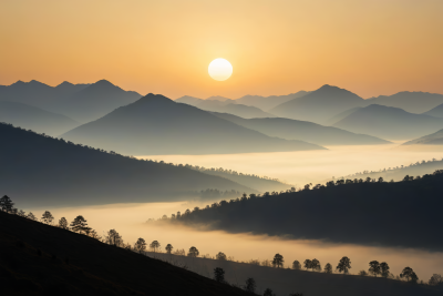 山下有雾谷夕阳西下高清风景图片