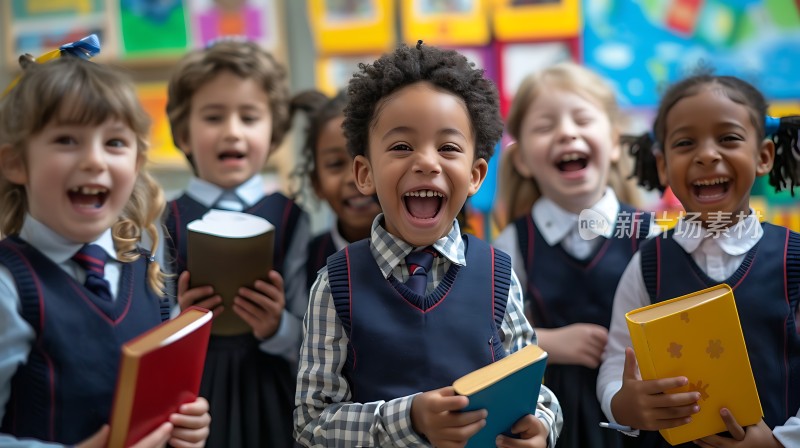 孩子们欢声笑语中拿着书本的场景