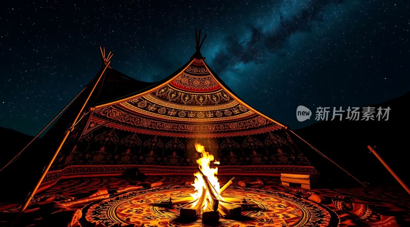 星空下的篝火旁帐篷里温暖如画