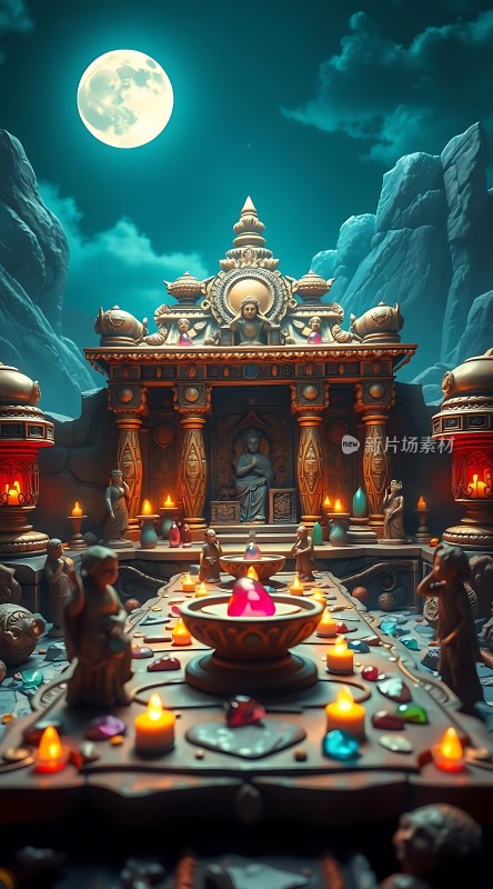 古寺夜月烛光摇曳静谧神秘