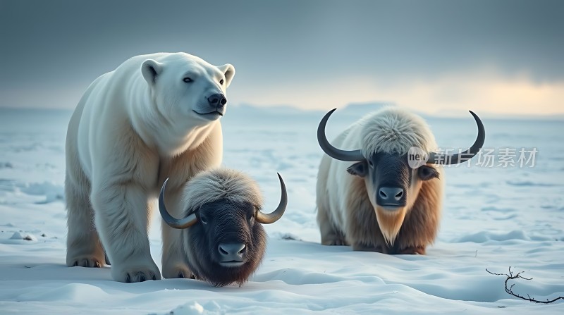 北极熊与驯鹿共舞雪原