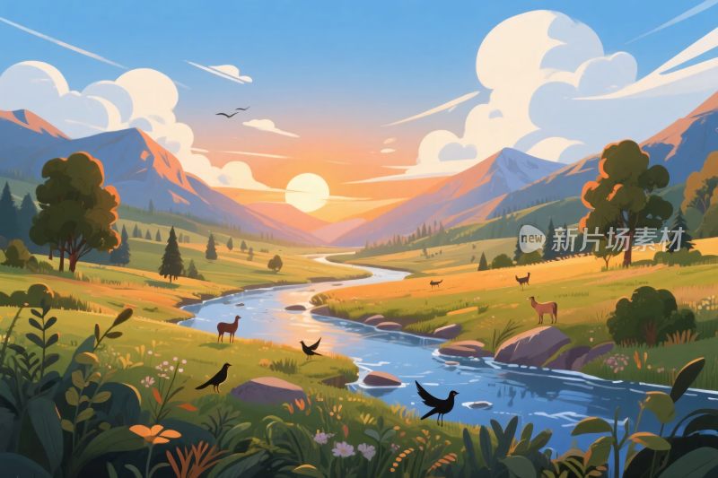 山水田园风景插画