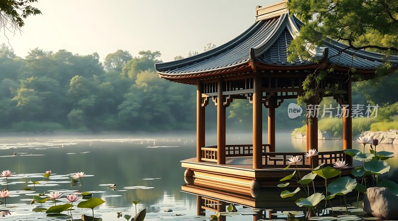 湖畔凉亭映荷花