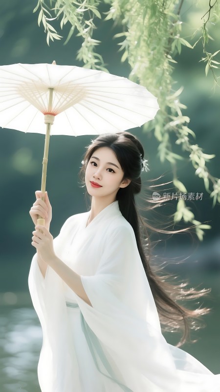 白衣佳人撑油纸伞
