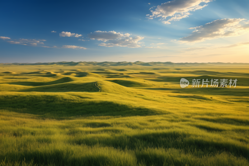 草地平原远处有几棵树蔚蓝的天空高清图片