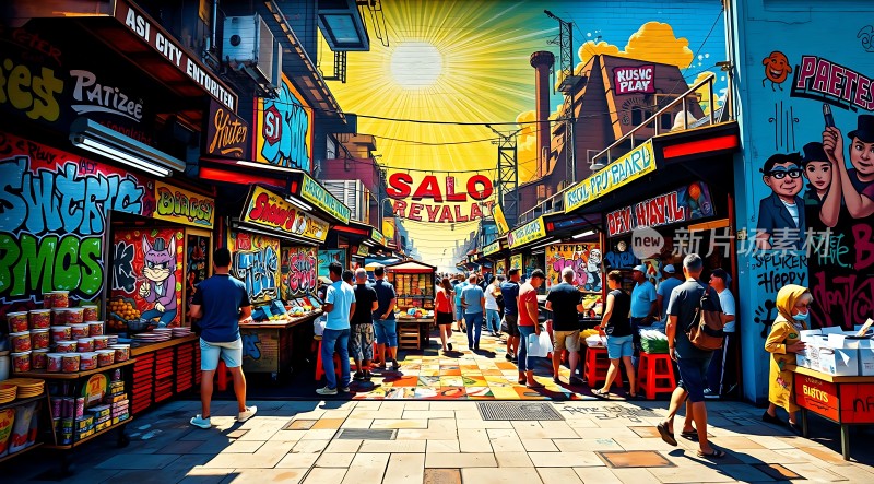 阳光下的街头集市色彩斑斓的摊位与热闹的人群