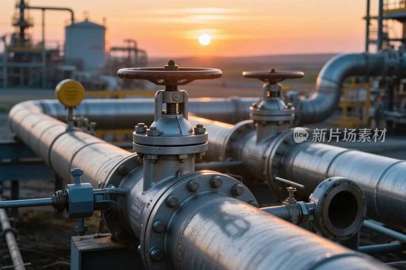 夕阳下的工业管道阀门