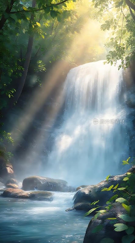 阳光下的瀑布与溪流