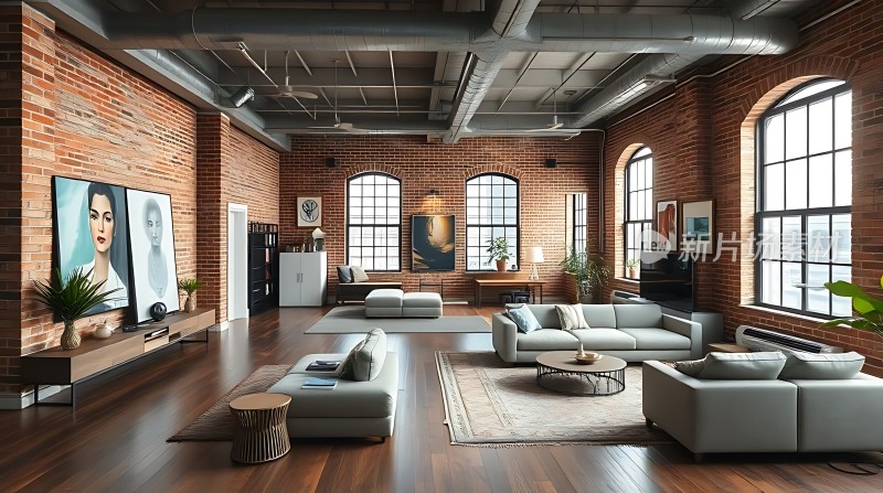 工业风大宅砖墙木地板沙发装饰画
