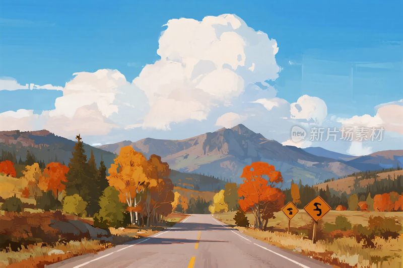 秋日山间公路风景插画