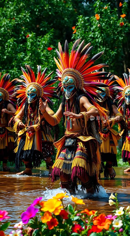 彩色面具舞者在水边起舞