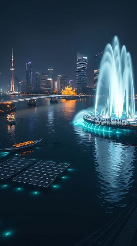 上海夜景黄浦江畔灯光璀璨摩天大楼与喷泉交相辉映