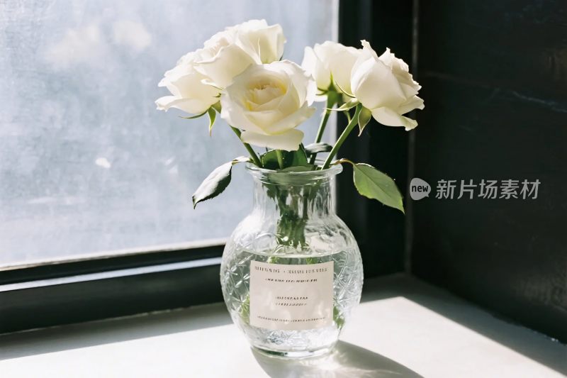 玻璃花瓶与窗边白玫瑰