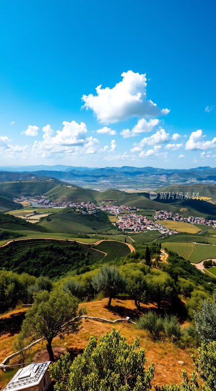 蓝天白云下的绿色丘陵与小镇