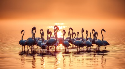 火红夕阳下一群火烈鸟在水中优雅起舞 火红夕阳下一群火烈鸟在水中优雅起舞