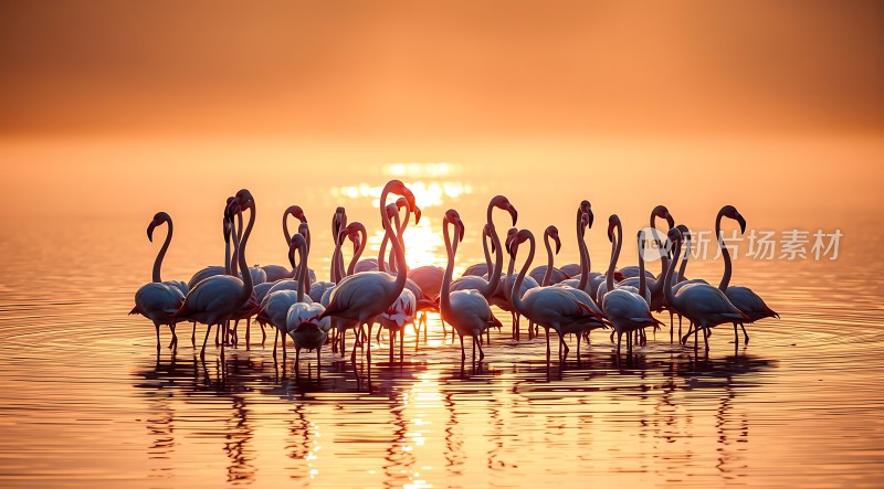 火红夕阳下一群火烈鸟在水中优雅起舞
