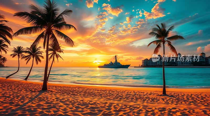 椰林夕阳下的宁静海滩