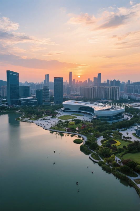 城市景观日落湖泊