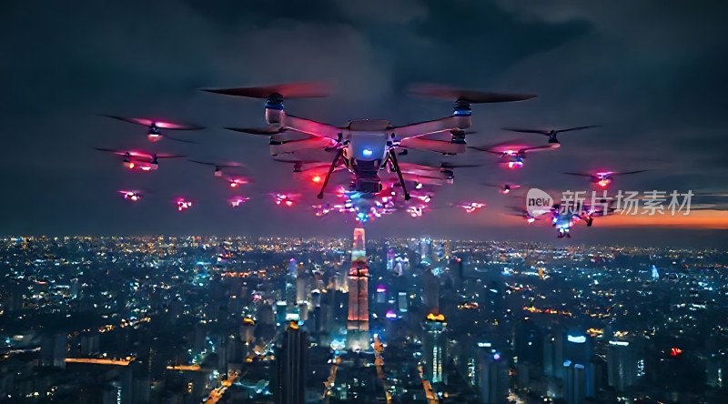 无人机编队夜航城市上空