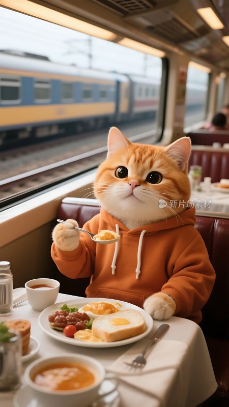 橘猫火车上吃早餐
