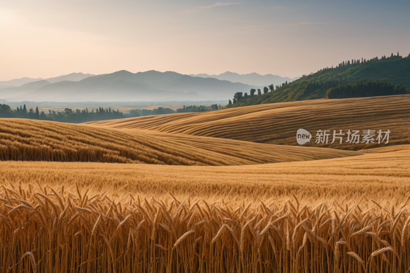 扫射麦田远处有山脉高清背景图片