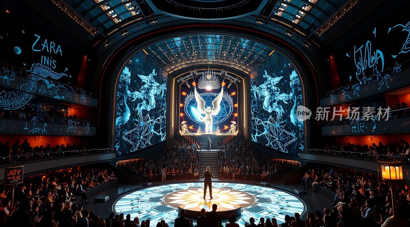 新片场素材舞台中央的表演者与观众互动背景屏幕显示“ZARA INIS”和天使形象