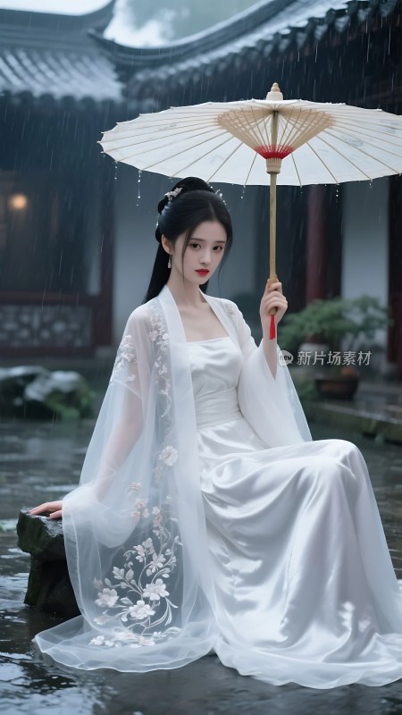 雨中白裙佳人撑油纸伞