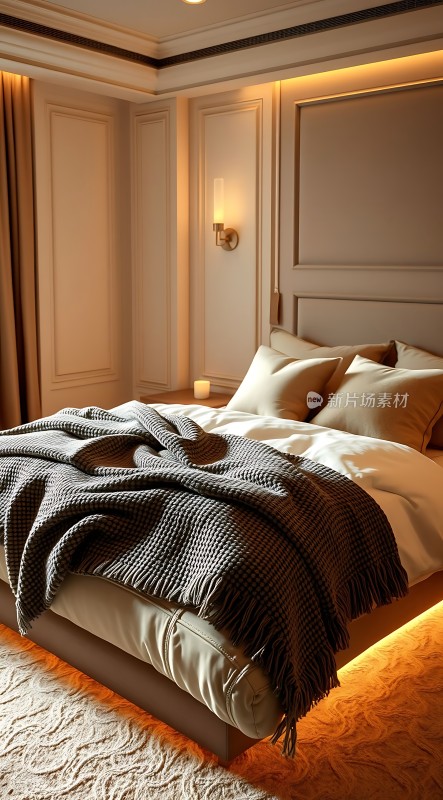温馨卧室舒适床铺柔和灯光宁静氛围