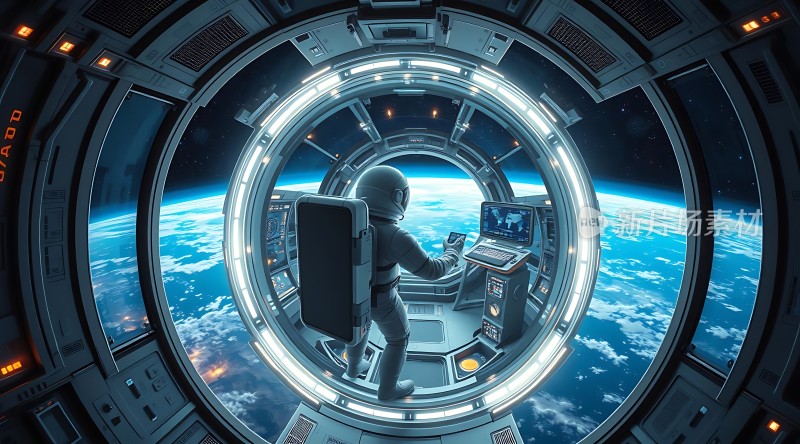 宇航员太空舱内操作设备地球美景尽收眼底