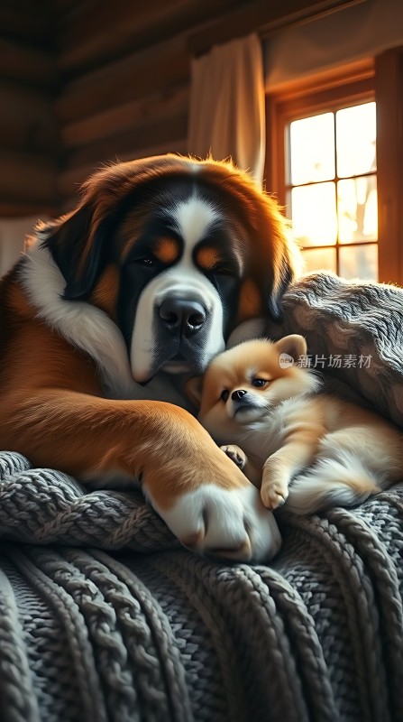 大狗小猫依偎在窗边温馨画面令人心醉神迷