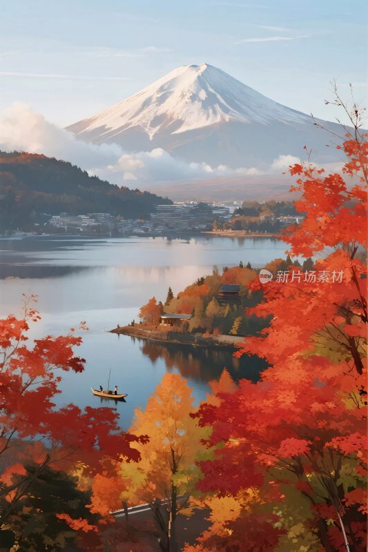 秋日富士山湖畔美景
