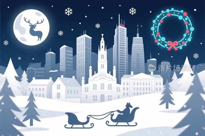 圣诞雪景城市驯鹿插画