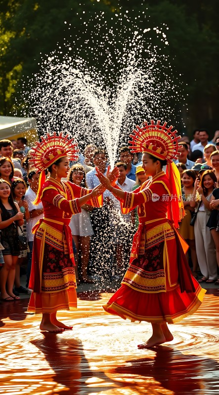红衣舞者共舞水花四溅观众围观