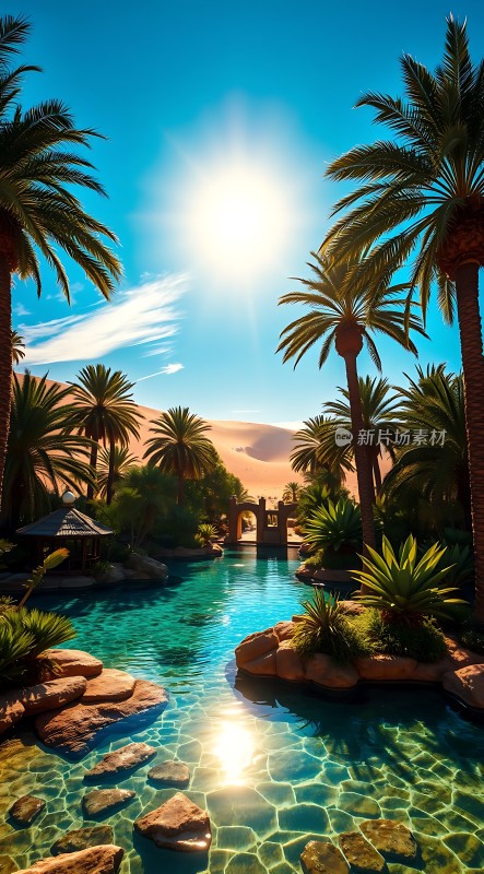 阳光下的热带风情泳池