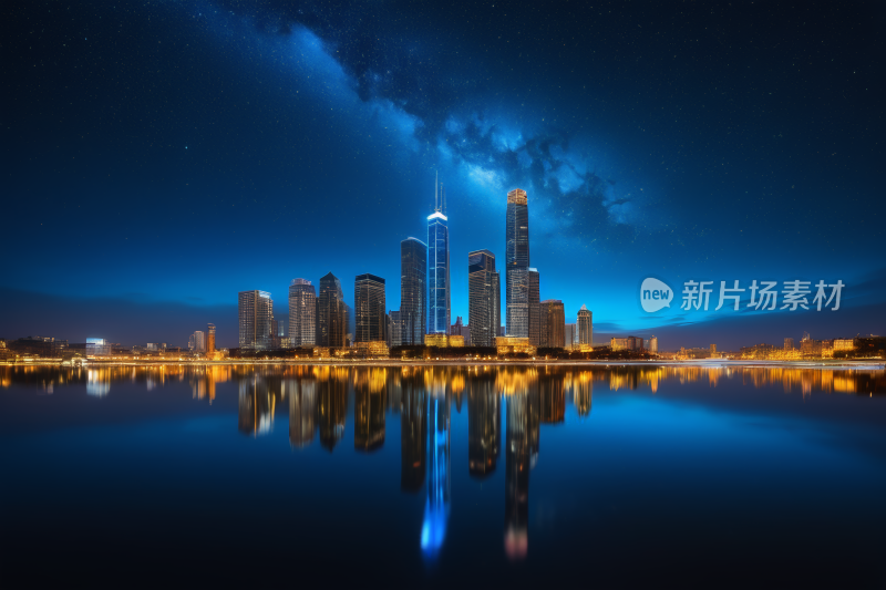 夜景城市天际线有湖泊和明亮的光线背景图片