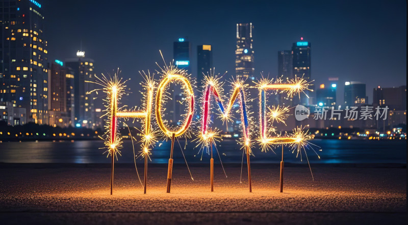 城市夜景中闪耀HOME字样蛇年温馨浪漫氛围