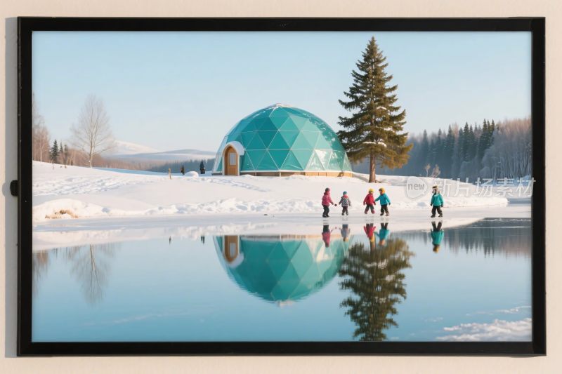 雪地上的透明圆顶建筑与行人