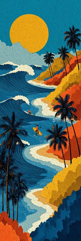 海边椰林落日插画风景