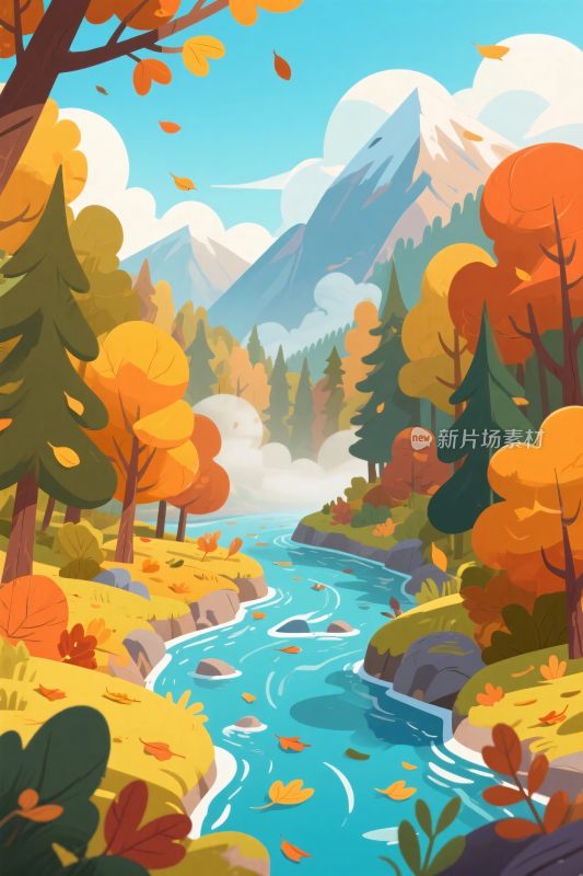 秋景山水风景插画