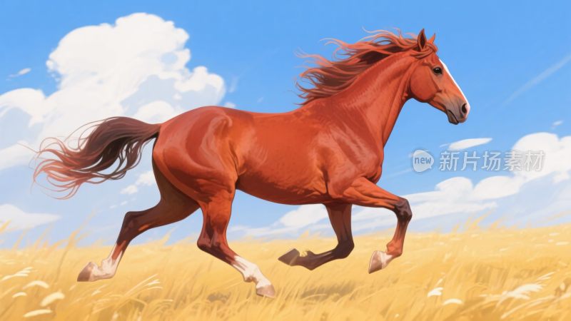 奔跑的红色骏马在金色草原