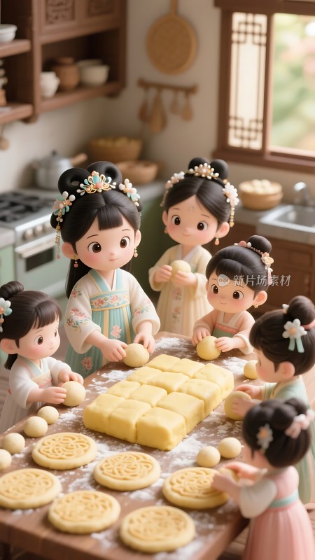 古风少女制作月饼