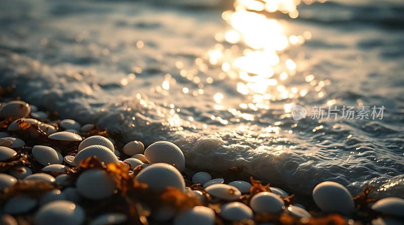 金色阳光下的贝壳与海浪