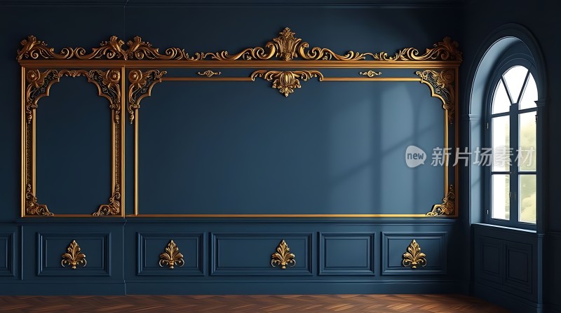 蓝色墙面金色雕花装饰