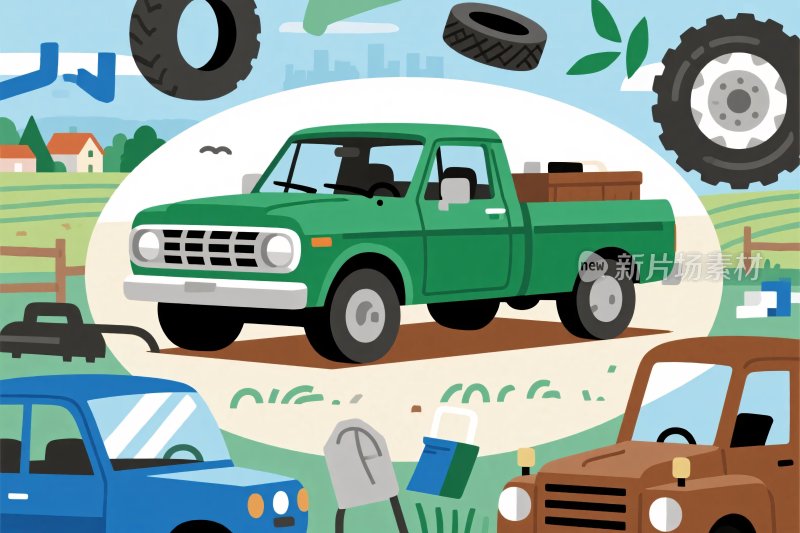 插画中的复古皮卡车场景