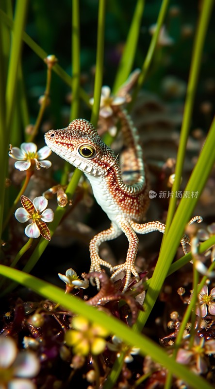 阳光下的蜥蜴与花朵
