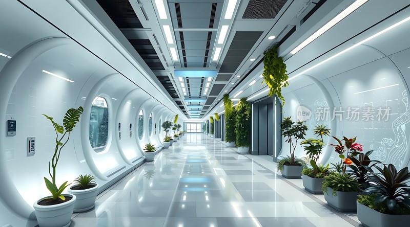 未来科技走廊绿意盎然现代感十足