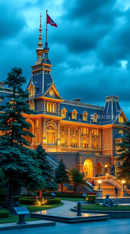 夜晚灯光下的宏伟宫殿土耳其国旗飘扬在塔顶