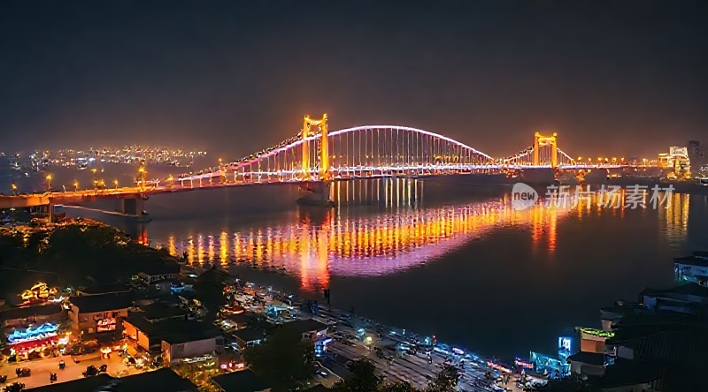 夜幕下灯火辉煌的跨江大桥